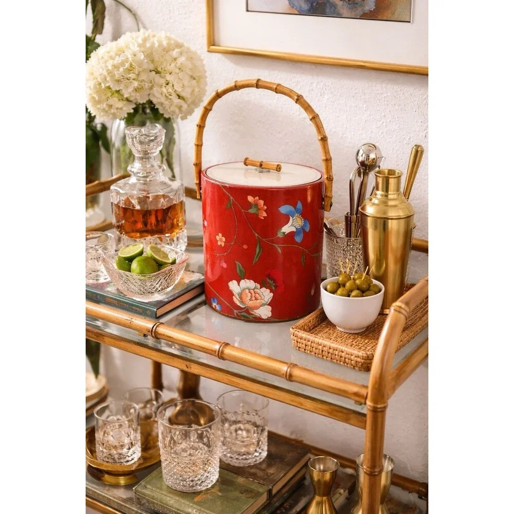 Vintage Vinyl Floral Asian Inspired Ice Bucket Retro MCM Regency Red Bamboo